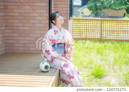 Yukata woman looking up Yukata woman looking up 128735273