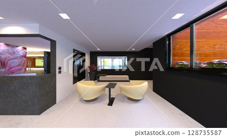 living dining room with large windows 128735587