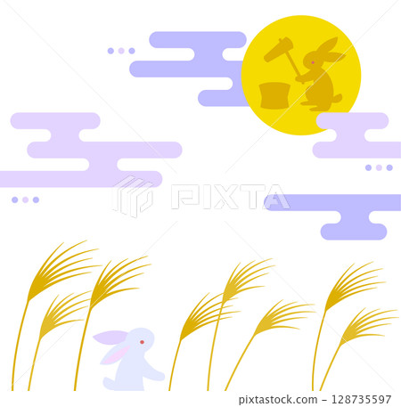 Illustration of a rabbit pounding rice cakes on the full moon of the fifteenth night Illustration of a rabbit pounding rice cakes on the full moon of the fifteenth night 128735597