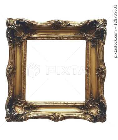 Decorative golden picture frame with intricate details isolated on white background for showcasing art 128735633