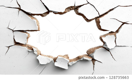 Cracked wall with missing section revealing empty space behind it 128735663