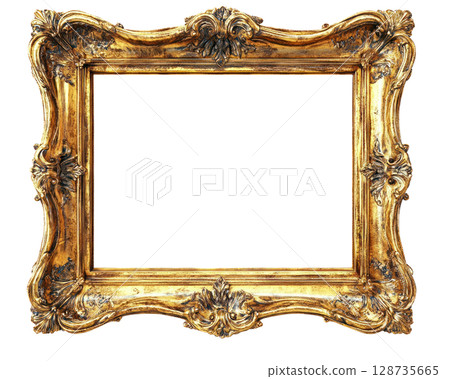 Ornate golden picture frame designed for showcasing artwork or photographs in elegant settings 128735665