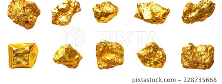 Collection of isolated golden rocks showcasing various shapes and sizes for decorative use 128735668