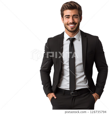 Business professional wearing a black suit with a tie and smiling confidently indoors 128735794