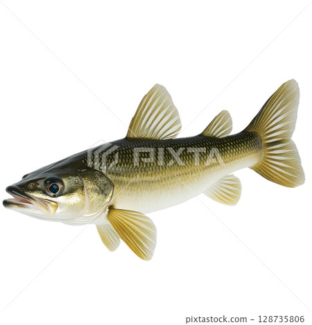 Freshwater fish swimming gracefully in clear water during daylight hours in a serene aquatic habitat 128735806