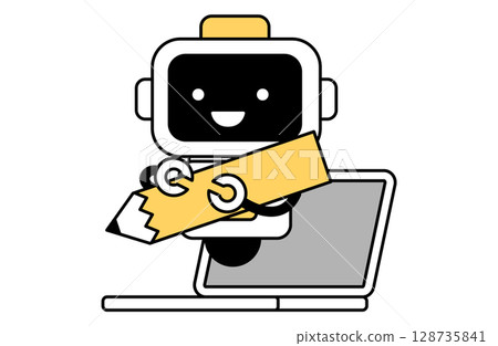 AI holding a pencil, vector illustration of a robot Generative AI Laptop PC 128735841