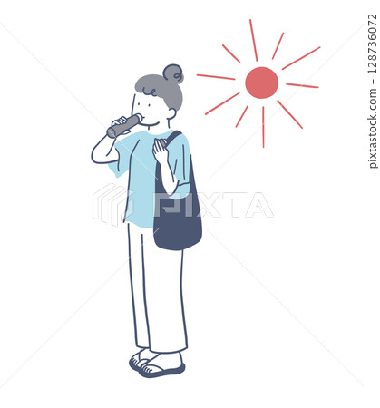 盛夏時節在戶外喝水的女人的插圖素材 128736072