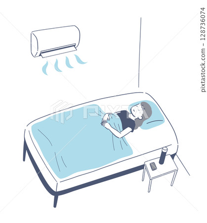Illustration material of a woman sleeping comfortably with the air conditioner on 128736074