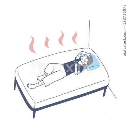 一位女士睡覺時不開冷氣而中暑的插畫素材 128736075