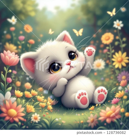 可愛的小貓與春天的花朵 128736082