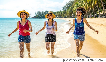 A girl splashing water on the beach 128736267