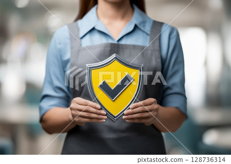 Modern dressed female employee holding safety certification sign, safety and quality concept 128736314