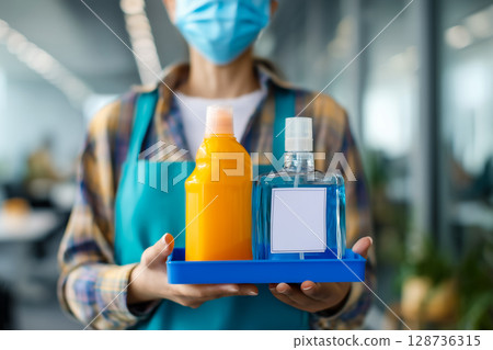 Female cleaner holding tray with cleaning supplies and disinfectant spray in modern office 128736315