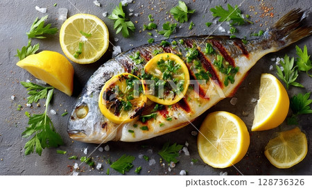 Grilled mediterranean fish garnished with fresh lemon and herbs on rustic table. 128736326