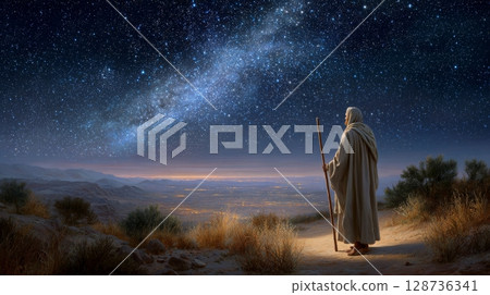 Elderly male gazer observes starry night sky and cityscape. 128736341