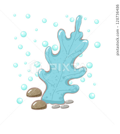blue coral and bubble cartoon drawing with decorations in flat cute hand drawn style 128736486