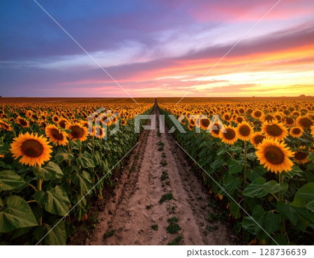 沐浴在晨曦中的夢幻向日葵田 128736639