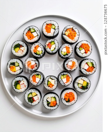 sushi rolls on white plate 128736675