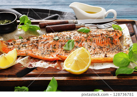 grilled salmon fillets with skin-on, top view 128736781