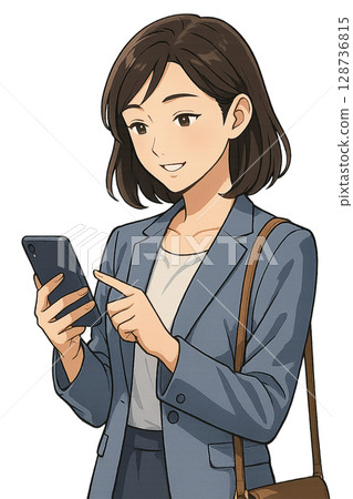 Illustration of a woman operating a smartphone Illustration of a woman operating a smartphone 128736815
