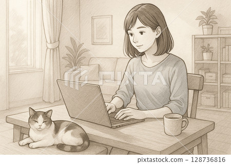 一位女士和一隻貓在家工作的插圖(棕褐色調) 一位女士和一隻貓在家工作的插圖(棕褐色調) 128736816