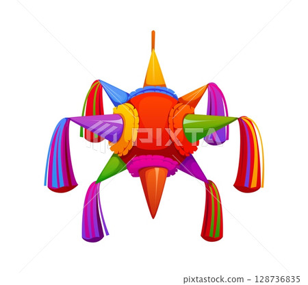 Mexican pinata, isolated cartoon vector traditional star shape with multicolored cones and streamers. National holiday party item for cultural celebrations, festive invitations or children events 128736835