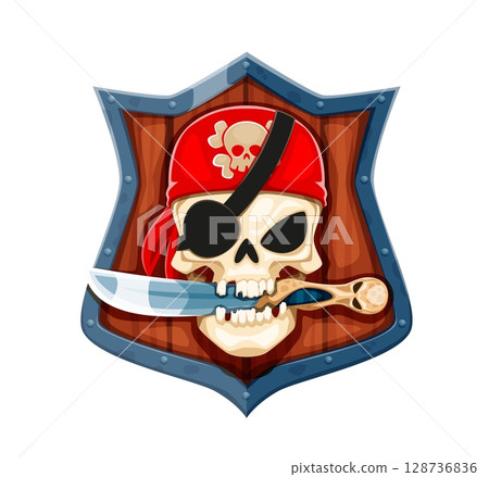 Cartoon pirate skull with a dagger in teeth. Vector emblem featuring human cranium in red bandana with crossbones symbol, eyepatch, and clenched blade in teeth, framed by a wooden and metal shield 128736836