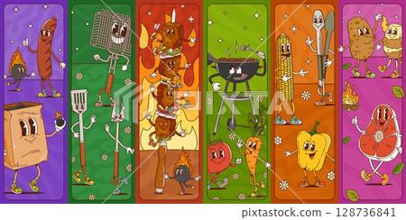 Bbq barbeque food groovy characters collage with cartoon food, utensils and grill accessories. Vector sausages, skewers, steak, corn, charcoal and vegetables comic personages create a fun cookout vibe Bbq barbeque food groovy characters collage with cartoon food, utensils and grill accessories. Vector sausages, skewers, steak, corn, charcoal and vegetables comic personages create a fun cookout vibe 128736841