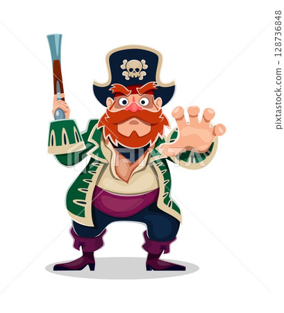 Cartoon pirate or corsair boatswain character with a red beard, green coat and flintlock pistol, wearing skull embellished hat and posed in an expressive stance, embodying adventurous seafaring spirit 128736848