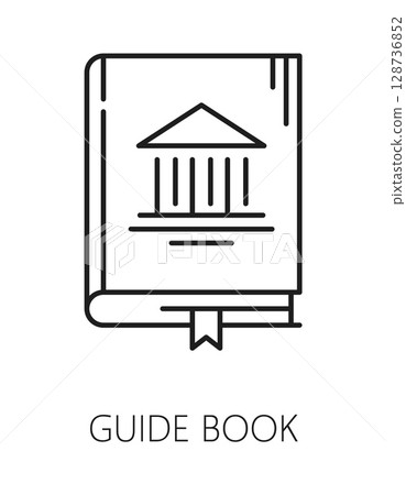 Museum exhibition guide book line icon or sign. Exhibition gallery guidebook line vector pictogram, museum lineart symbol. Exhibition catalog outline sign or icon with museum exhibit guidance book 128736852