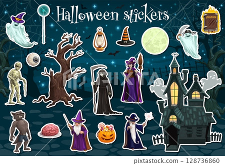 Halloween holiday characters stickers pack. Cartoon vector eerie witch, pirate ghost and mummy, eyeball, lantern, bare tree or grim reaper. Werewolf, brain wizard, candy pumpkin bucket or spellbook 128736860