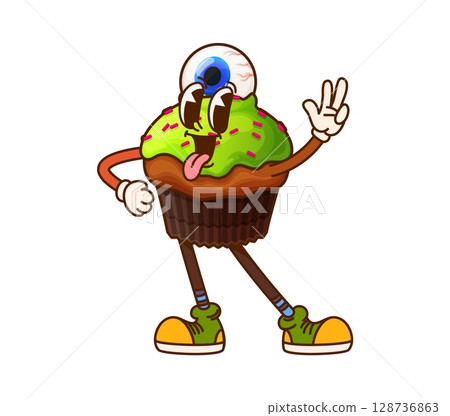 Cartoon groovy Halloween cupcake sweet character. Isolated vector traditional festive muffin with eyeball, green topping and sprinkles. Cute spooky bakery retro personage for kids trick or treat party 128736863