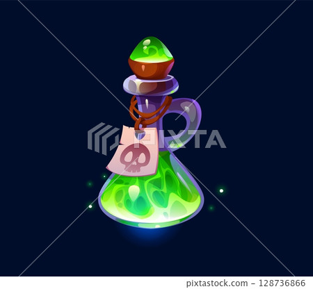 Witch magic potion bottle, Halloween enchanting mystical potion vial filled with a glowing green liquid. Cartoon vector fantasy flask adorned with a skull tag, suggesting mysterious or magical elixir 128736866