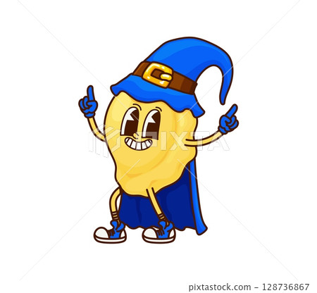 Groovy Halloween pasta wizard cartoon character with funny face, vector sorcerer. Halloween holiday pasta cartoon character with cool gesture and silly smile in witch hat and magician mantle cape 128736867