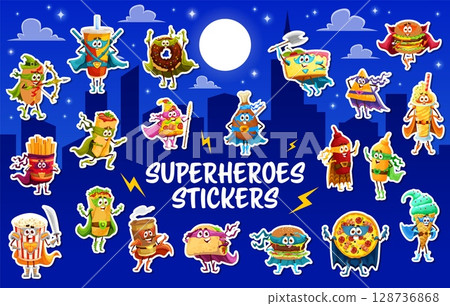 Cartoon superhero fast food characters stickers pack. Vector hotdog, soft drink, donut, sandwich or burger. French fries, burrito, pizza slice, pretzel or nachos. Milkshake, popcorn, coffee defenders 128736868