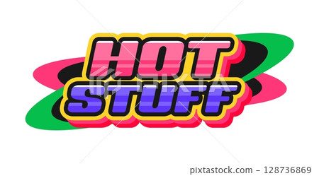 Hot stuff Y2K groovy retro sticker, 70s tag. 60s comic cartoon vector tag, retro funny funky label. Cute Y2K patch or 80s vintage hippie sticker with colorful typography text 128736869