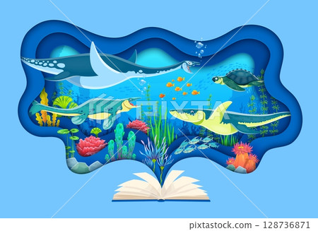 Opened text book with prehistoric underwater dinosaurs within paper cut frame. Open book revealing an imaginative underwater world with ancient marine reptiles, fish, coral reefs, and sea turtles 128736871