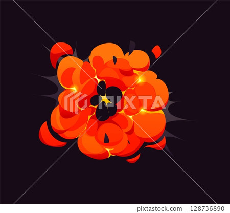 Cartoon bomb explosion blast comic effect, fire and smoke boom cloud. Gas blast with smoke trail, dynamite explosion energy vector effect or game asset. Explosion or grenade bomb detonation cloud 128736890