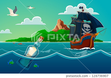 Glass bottle in sea waves and pirate sail ship. Cartoon vector adventure, treasure hunt or nautical story scene with ship sailing near a tropical island, a floating message bottle, and flying seagulls Glass bottle in sea waves and pirate sail ship. Cartoon vector adventure, treasure hunt or nautical story scene with ship sailing near a tropical island, a floating message bottle, and flying seagulls 128736907