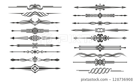Vintage divider decor borders. Vector set of elegant f black ornamental vintage trims, featuring swirls, arrows, diamonds and floral elements for decorative invitations or retro flourish embellishment 128736908