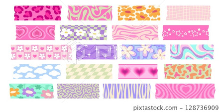 Adhesive y2k washi tape pieces, featuring playful hearts, stars, flowers, animal prints, clouds and wavy psychedelic patterns. Vector decor for journaling, scrapbooking or retro crafts and decorations Adhesive y2k washi tape pieces, featuring playful hearts, stars, flowers, animal prints, clouds and wavy psychedelic patterns. Vector decor for journaling, scrapbooking or retro crafts and decorations 128736909
