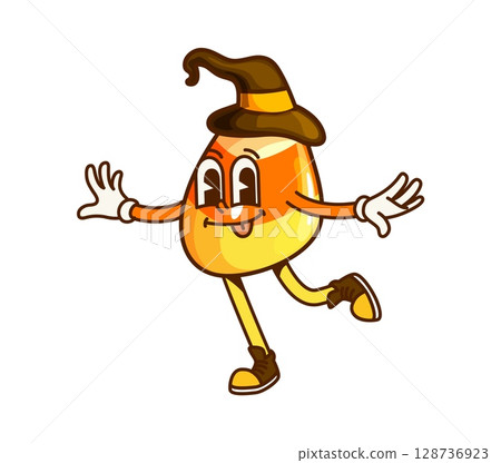 Cartoon groovy Halloween candy corn character in witch hat. Isolated vector funny sweet toffee, holiday pastry retro personage, confectionery caramel with smiling face, trick or treat party dessert Cartoon groovy Halloween candy corn character in witch hat. Isolated vector funny sweet toffee, holiday pastry retro personage, confectionery caramel with smiling face, trick or treat party dessert 128736923