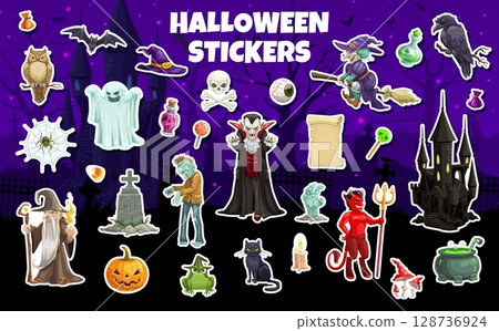 Halloween stickers pack with cartoon horror night monster characters at scary castle cemetery vector background. Halloween holiday pumpkin, witch, spooky ghost, zombie and vampire stickers set Halloween stickers pack with cartoon horror night monster characters at scary castle cemetery vector background. Halloween holiday pumpkin, witch, spooky ghost, zombie and vampire stickers set 128736924