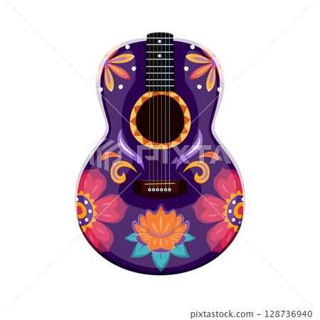 Day of the Dead font acoustic guitar with flowers digit 8 eight. Latin America festival type vector number, Dia de Los Muertos typeface numeral symbol. Mexican death celebration ABC font digit 128736940