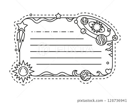 Space galaxy planets kids memo note template. Kids scrapbook outline vector frame, schedule linear template. Children memo note checklist or To Do list with solar system planets, sun and flying comet 128736941