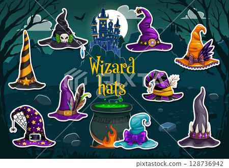 Halloween witch hats stickers pack. Mystical set of wizard caps decorated with skulls, feathers, stars and webs at dark, magical background with a haunted castle, full moon, spooky trees and cauldron 128736942