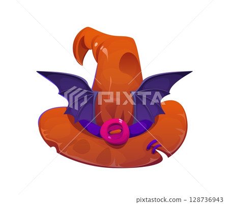 Halloween witch hat or wizard cap with bat wings and button, cartoon vector. Halloween holiday witch hat or warlock and hag old cone cap with purple stitch for horror night holiday or fairy tale magic 128736943