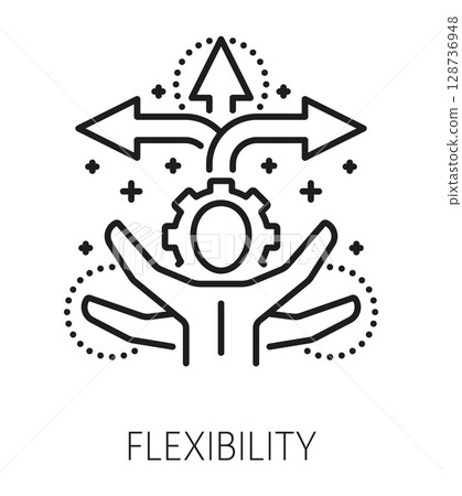 Flexibility life skills line icon or sign. Human potential lineart vector sign, personal quality thin line symbol. Personality flexibility ability pictogram or life skill icon with multitasking person 128736948