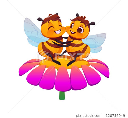 Cartoon honey bee characters couple hugging on pink flower. Cute vector flying adorable insects pair in love, exudes spring mood, friendship or romantic vibes with smiling faces, and holding hands 128736949