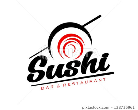 Japanese salmon sushi restaurant icon or symbol. Asian cuisine restaurant or sushi bar vector symbol or emblem. Japanese seafood cafe meal icon with sushi roll, chopstick and handwritten typography 128736961